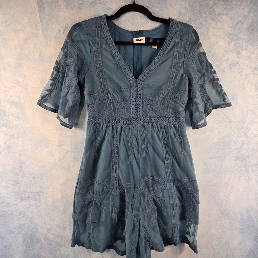 Blue Rain Embroidered Mesh Romper Dusty Blue V-Neck Lace Trim XS‎